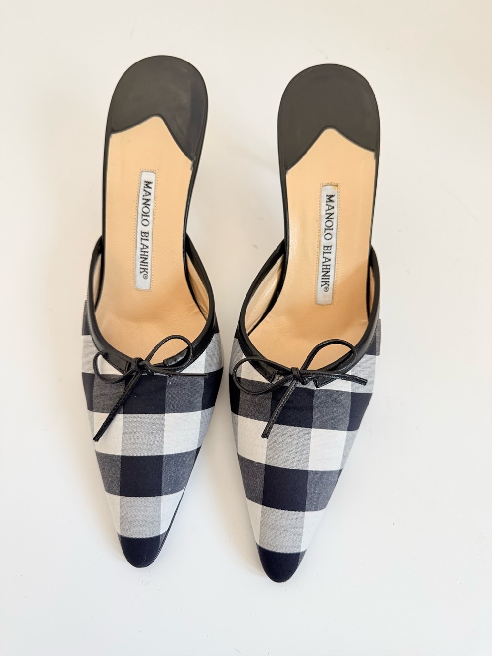 Manolo Blahnik LATAMU Black White Gingham Check Bow Pointed Toe Kitten mules 38 - Picture 2 of 10